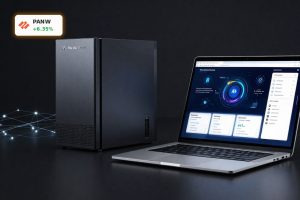 Palo Alto Networks AI Strategy highlighted by firewall hardware and AI security dashboard