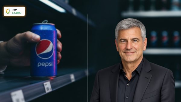 A cold Pepsi can on a store shelf representing PepsiCo Earnings and consumer demand.