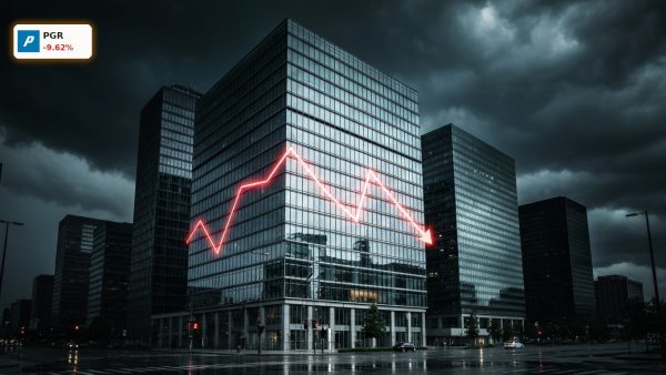 Storm clouds over a financial district representing Progressive Earnings anxiety.