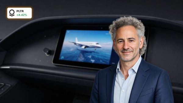 Palantir Partnership highlighted through AI aviation software on premium aircraft cockpit and tablet display