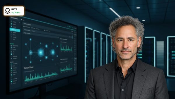Palantir Partnerships enterprise AI dashboard in a secure data control center.