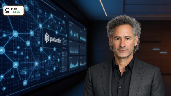 Palantir Earnings surge driven by AI boom, illustrated by an advanced enterprise data analytics platform interface.