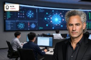 High-tech AI operations room with data dashboards reflecting volatile Palantir Earnings reaction