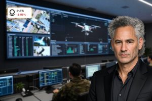 High-tech command center visualizing AI defense data, reflecting volatile Palantir Forecast sentiment
