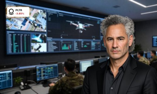 High-tech command center visualizing AI defense data, reflecting volatile Palantir Forecast sentiment