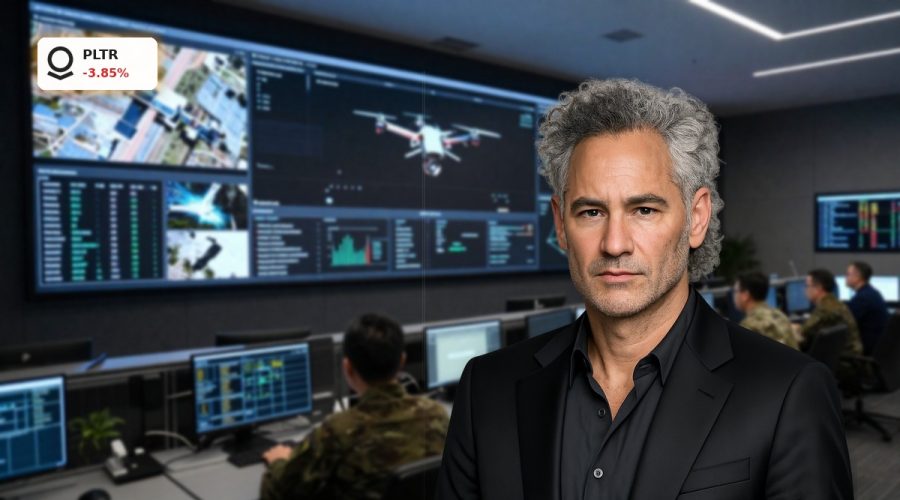 High-tech command center visualizing AI defense data, reflecting volatile Palantir Forecast sentiment