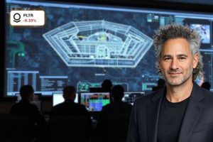 Pentagon command center with AI surveillance displays linked to the Palantir Maven Program.