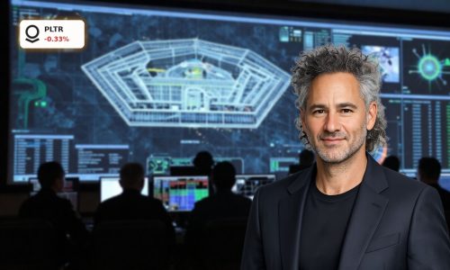 Pentagon command center with AI surveillance displays linked to the Palantir Maven Program.