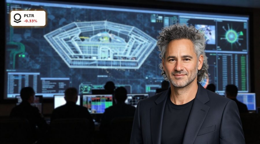 Pentagon command center with AI surveillance displays linked to the Palantir Maven Program.