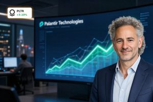 Palantir Earnings surge visualized by a soaring PLTR stock chart in a high-tech trading room.