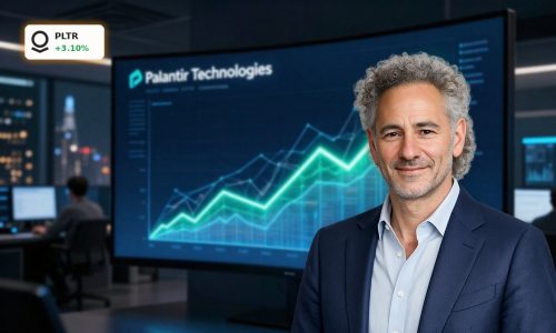 Palantir Earnings surge visualized by a soaring PLTR stock chart in a high-tech trading room.