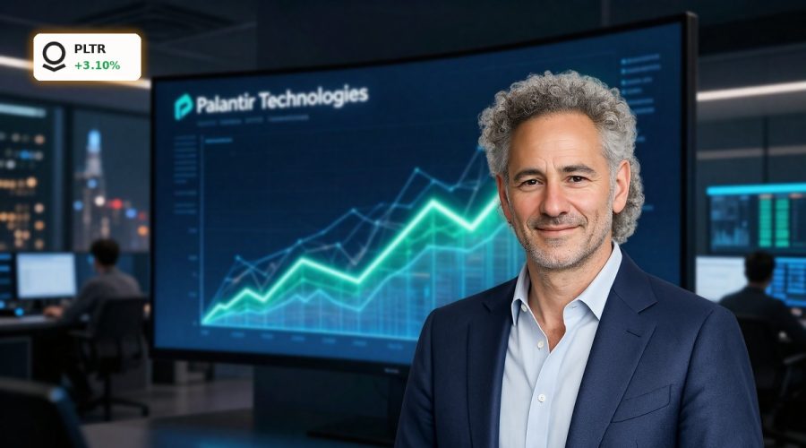 Palantir Earnings surge visualized by a soaring PLTR stock chart in a high-tech trading room.