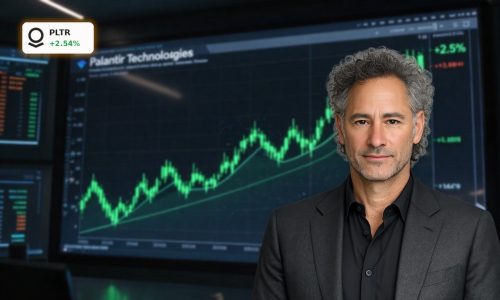 Cinematic stock chart of PLTR highlighting a rally and rich Palantir Valuation in an AI-focused trading room.
