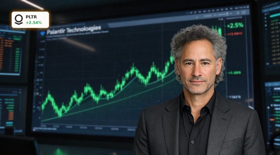 Cinematic stock chart of PLTR highlighting a rally and rich Palantir Valuation in an AI-focused trading room.