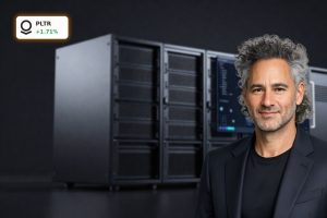 High-end workstation running Palantir AI Strategy data platform in a dark, cinematic setting