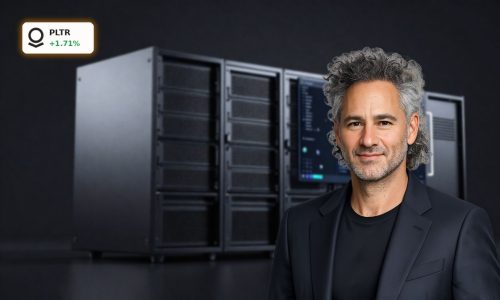 High-end workstation running Palantir AI Strategy data platform in a dark, cinematic setting