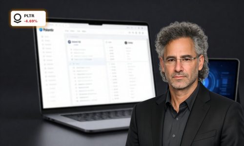 Palantir Valuation focus with premium AI software platform devices on a dark background
