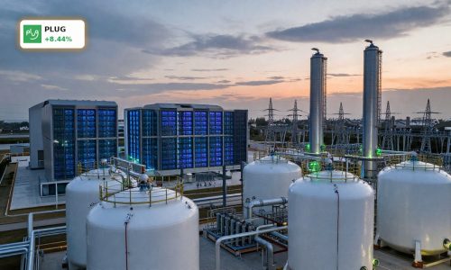 Plug Power Turnaround visualized by a green hydrogen plant powering a modern AI data center complex.