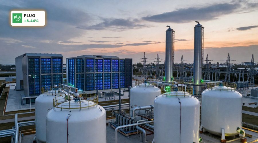 Plug Power Turnaround visualized by a green hydrogen plant powering a modern AI data center complex.