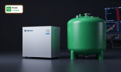Plug Power Earnings optimism reflected by hydrogen fuel cell stack and storage tanks with Wall Street trading screen glow