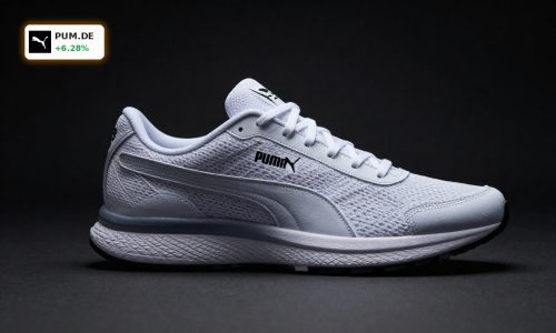 Premium Puma sneakers spotlighted against dark backdrop amid Puma Acquisition takeover speculation