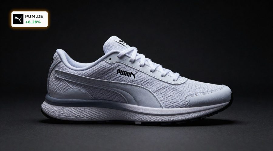 Premium Puma sneakers spotlighted against dark backdrop amid Puma Acquisition takeover speculation