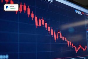 PayPal Forecast under pressure illustrated by a falling PYPL stock chart amid a dark trading floor backdrop.