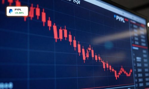 PayPal Forecast under pressure illustrated by a falling PYPL stock chart amid a dark trading floor backdrop.