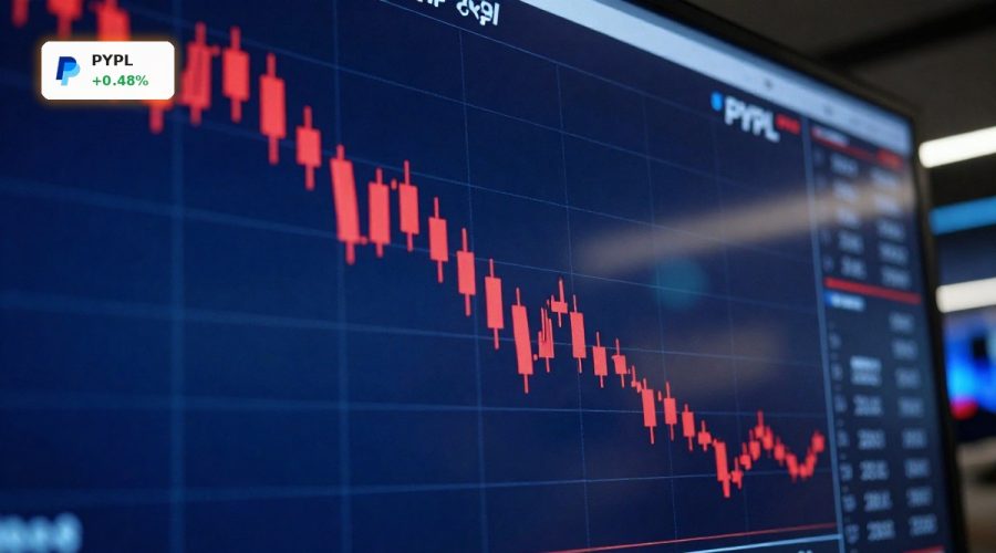 PayPal Forecast under pressure illustrated by a falling PYPL stock chart amid a dark trading floor backdrop.
