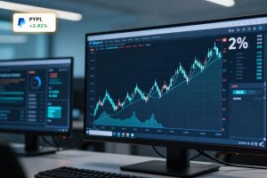 PayPal Forecast visualized by a modestly rising candlestick chart on a fintech trading screen.
