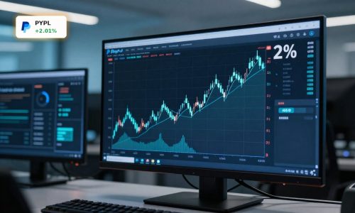 PayPal Forecast visualized by a modestly rising candlestick chart on a fintech trading screen.