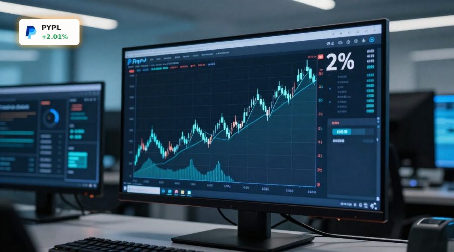 PayPal Forecast visualized by a modestly rising candlestick chart on a fintech trading screen.