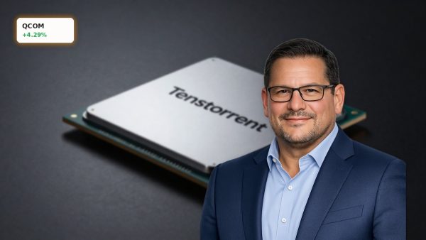 Qualcomm Acquisition concept with AI accelerator chip symbolizing Tenstorrent-powered inference hardware