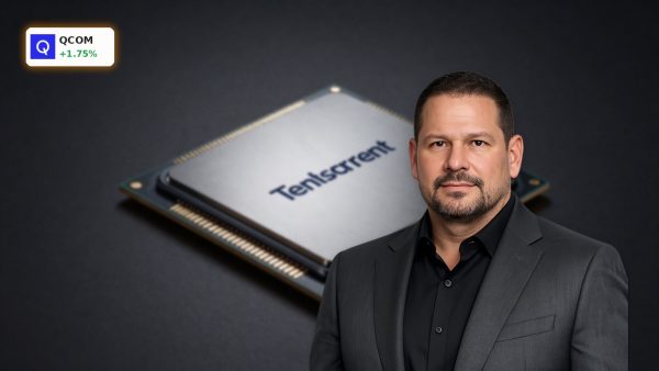Qualcomm Acquisition concept with AI data center accelerator chip on dark studio background