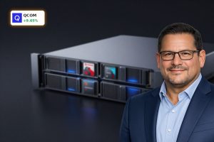 Qualcomm AI Strategy highlighted by sleek server chips in a dark, cinematic data-center setting