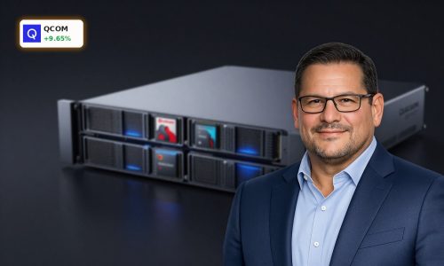 Qualcomm AI Strategy highlighted by sleek server chips in a dark, cinematic data-center setting