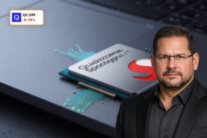 Qualcomm PC Chips shown as a Snapdragon AI processor on a premium laptop motherboard in dramatic lighting