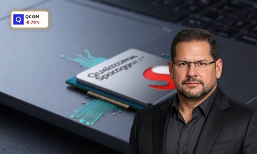 Qualcomm PC Chips shown as a Snapdragon AI processor on a premium laptop motherboard in dramatic lighting