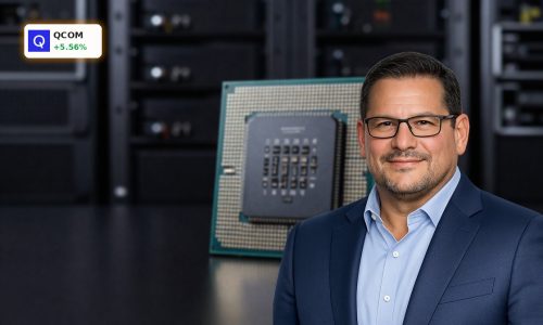 Qualcomm Data Center AI inference processor chip on dark background with server rack lighting
