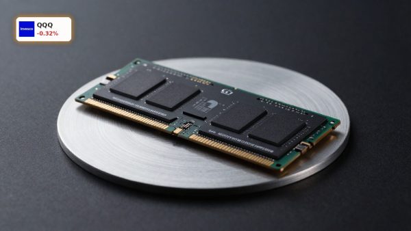 Nasdaq 100 Micron Earnings focus with Micron memory chip and wafer on dark background