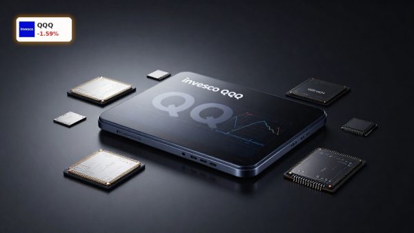 Nasdaq 100 Semiconductor Selloff concept with QQQ ETF and semiconductor wafer on dark background