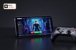 Roblox Earnings reaction reflected by Roblox app on smartphone beside controller under dramatic stock market lighting