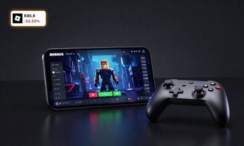Roblox Earnings reaction reflected by Roblox app on smartphone beside controller under dramatic stock market lighting