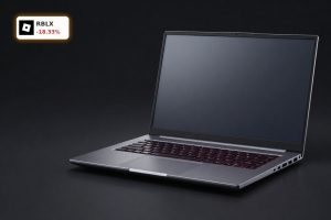 Roblox Earnings under pressure shown by premium gaming laptop with platform open and tense red market lighting
