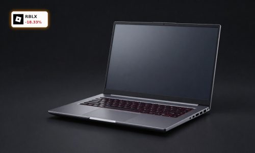 Roblox Earnings under pressure shown by premium gaming laptop with platform open and tense red market lighting