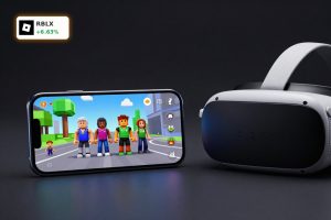Roblox Earnings concept with Roblox-style game on phone beside VR headset, highlighting growth and safety-driven shift