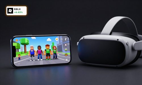 Roblox Earnings concept with Roblox-style game on phone beside VR headset, highlighting growth and safety-driven shift