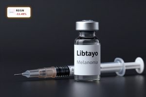 Regeneron Melanoma Trial focus with Libtayo cancer drug vial under dramatic clinical lighting