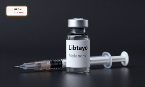 Regeneron Melanoma Trial focus with Libtayo cancer drug vial under dramatic clinical lighting