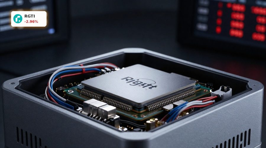 Rigetti Computing Earnings under pressure symbolized by quantum processor and red market glow